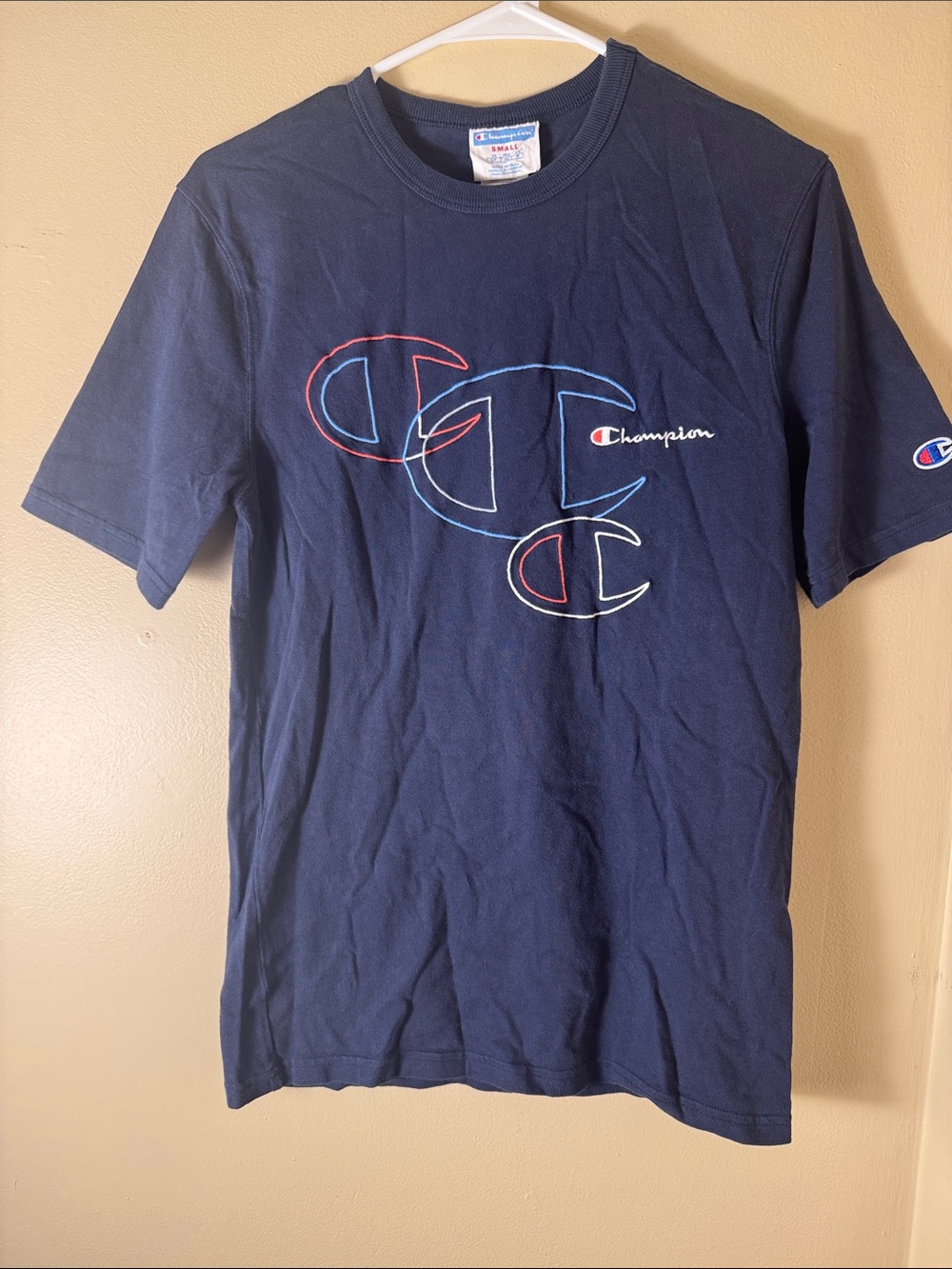 Champion Navy Short-Sleeve Logo Tee with Multicolor Outline